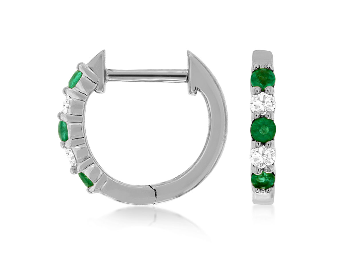 White Gold Emerald & Diamond Huggie Hoop Earrings