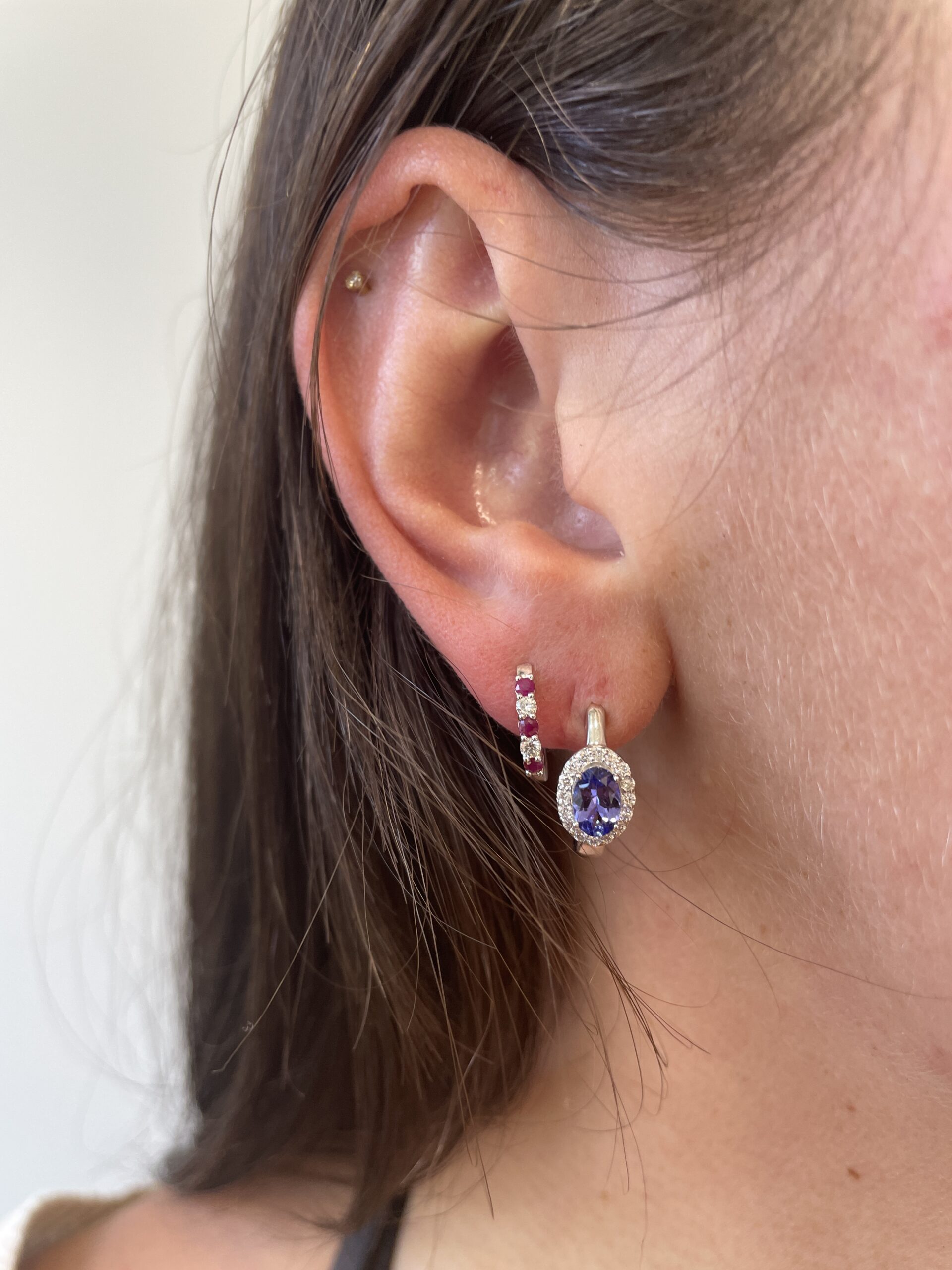 White Gold Ruby & Diamond Huggie Hoop Earrings