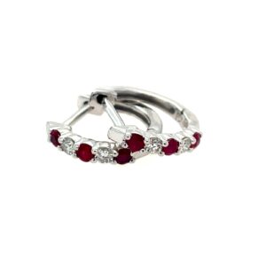 White Gold Ruby & Diamond Huggie Hoop Earrings
