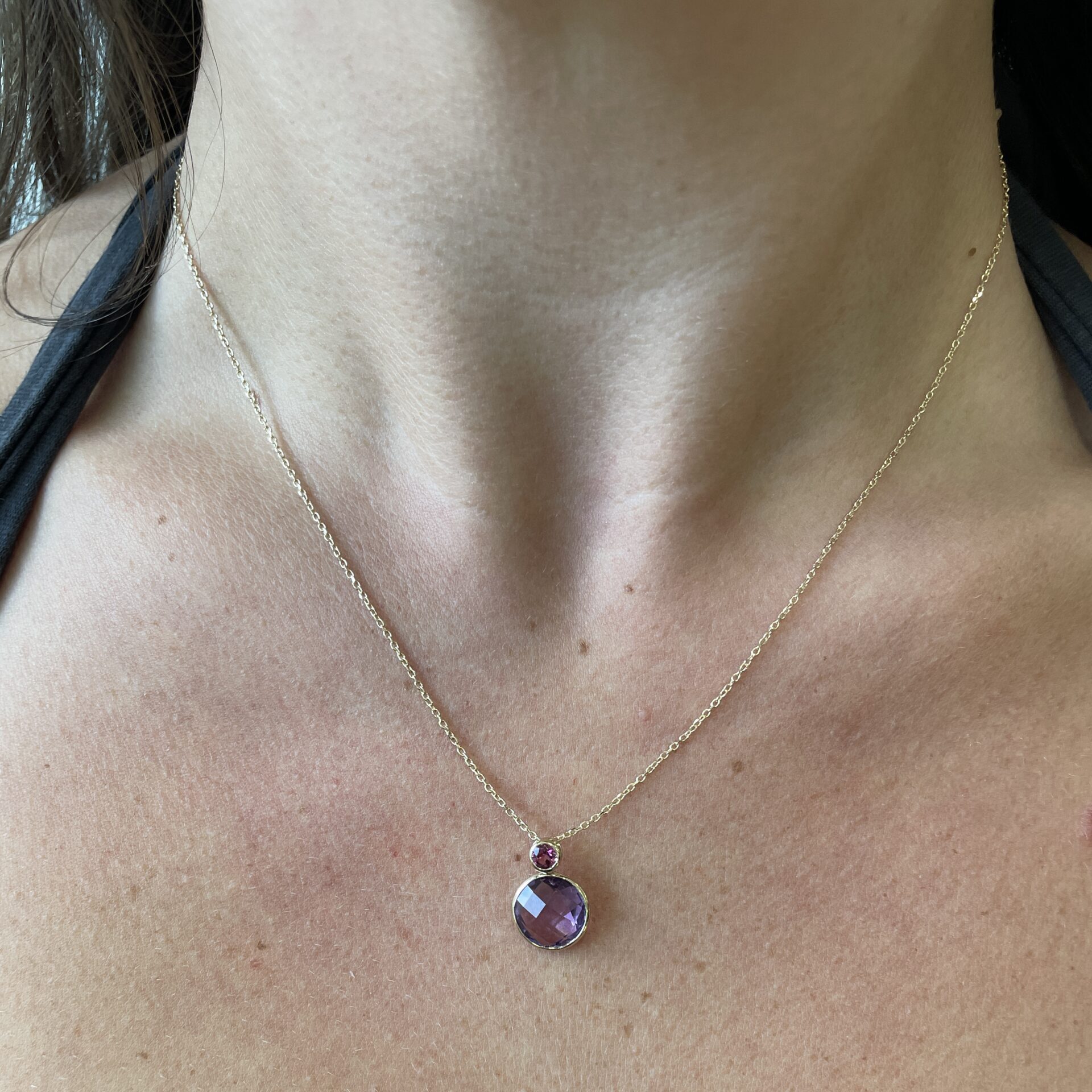 Yellow Gold Pink Tourmaline & Amethyst Briolette Necklace
