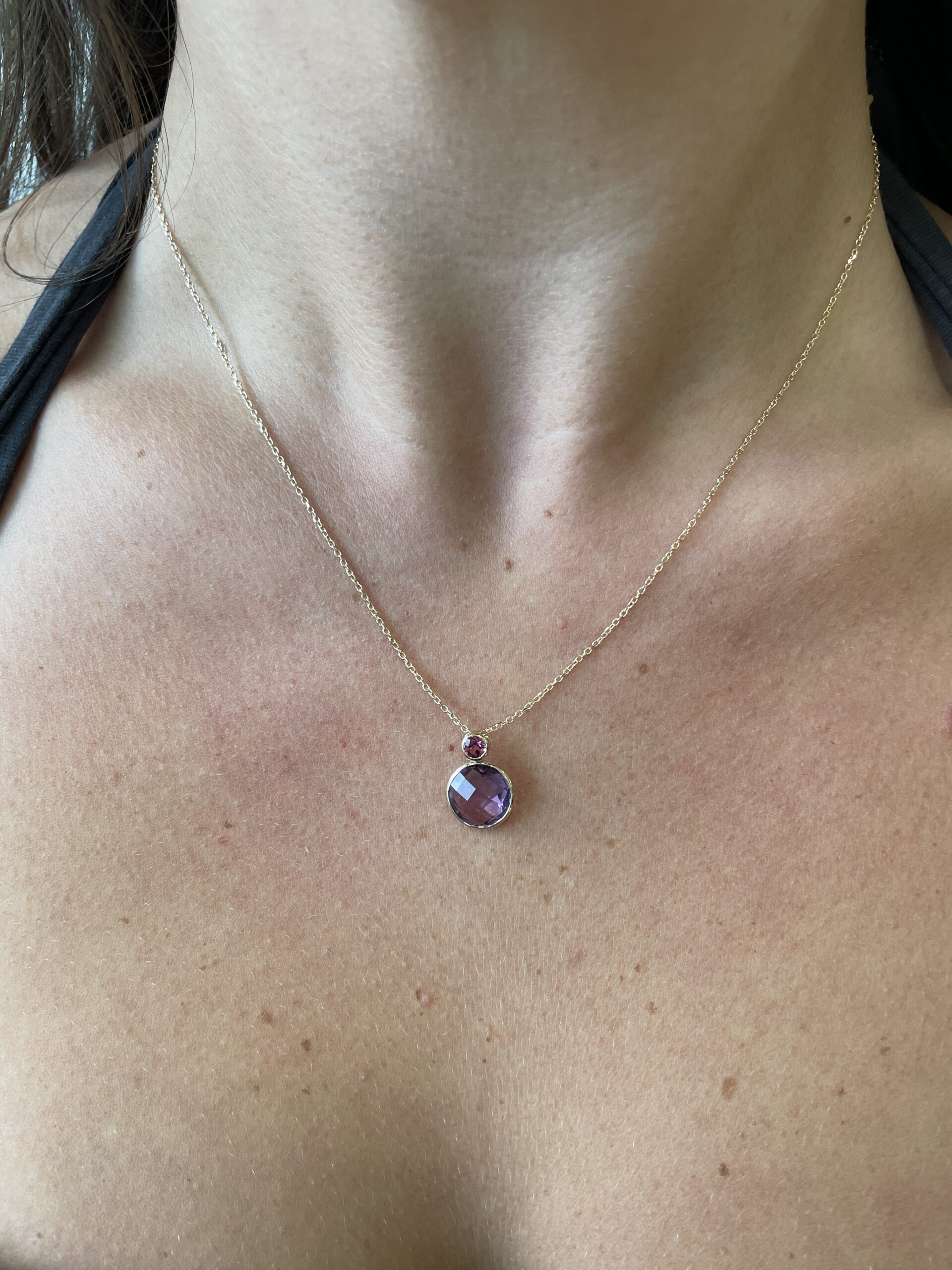 Yellow Gold Pink Tourmaline & Amethyst Briolette Necklace