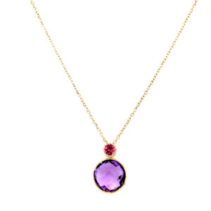 Yellow Gold Pink Tourmaline & Amethyst Briolette Necklace