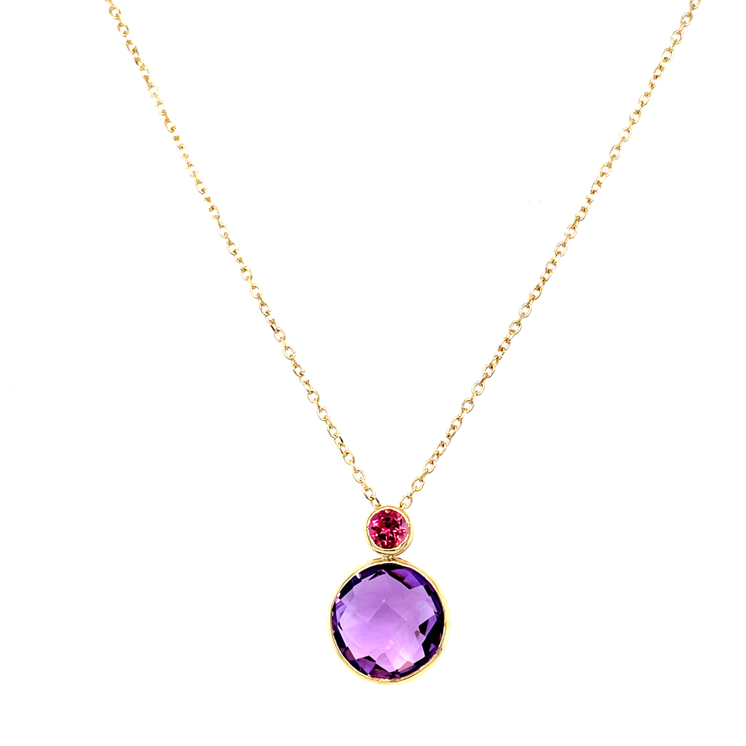 Yellow Gold Pink Tourmaline & Amethyst Briolette Necklace