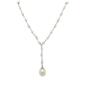 Estate: White Gold Pearl Station Necklace with Drop
