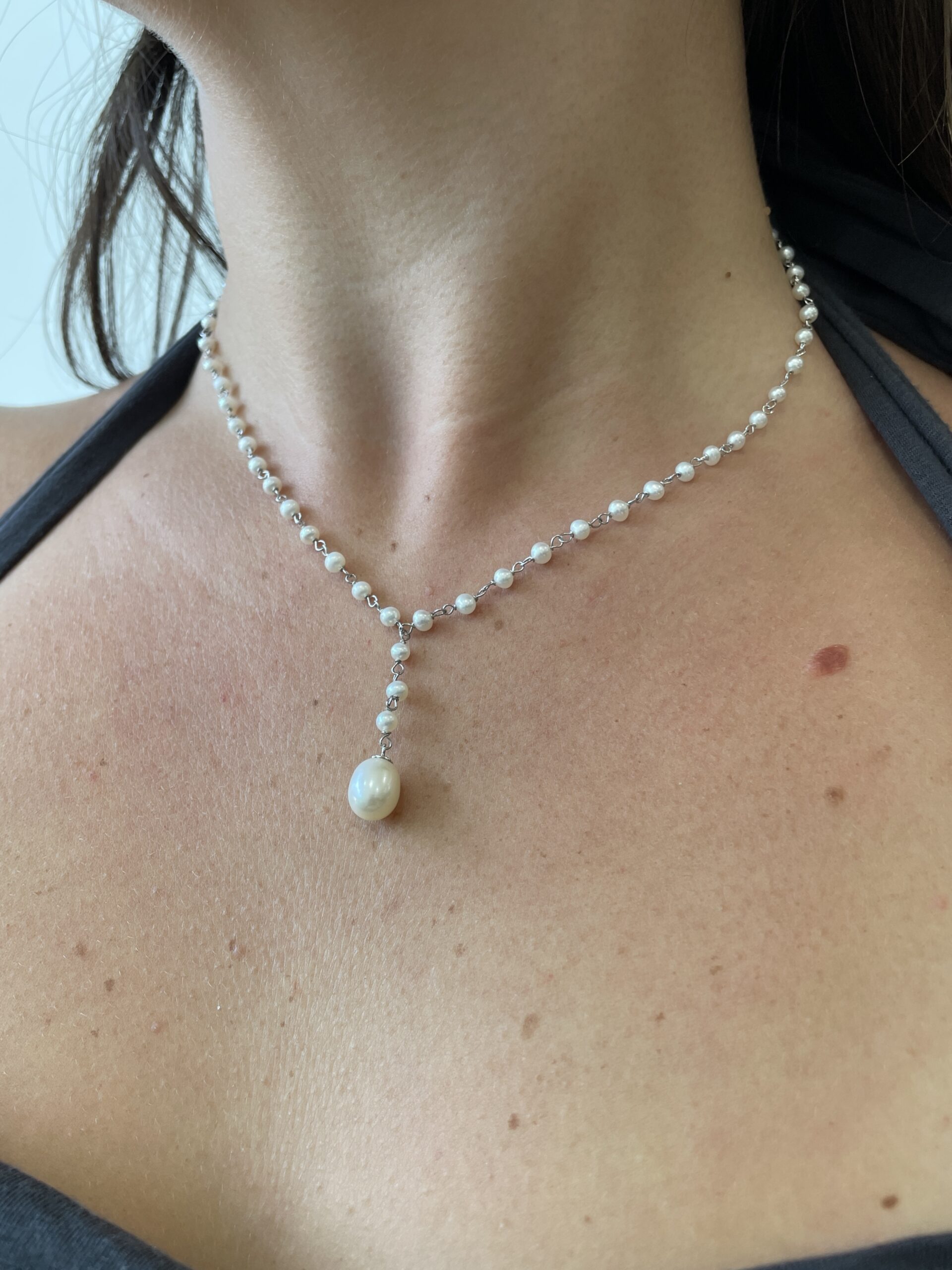 Estate: White Gold Pearl Station Necklace with Drop