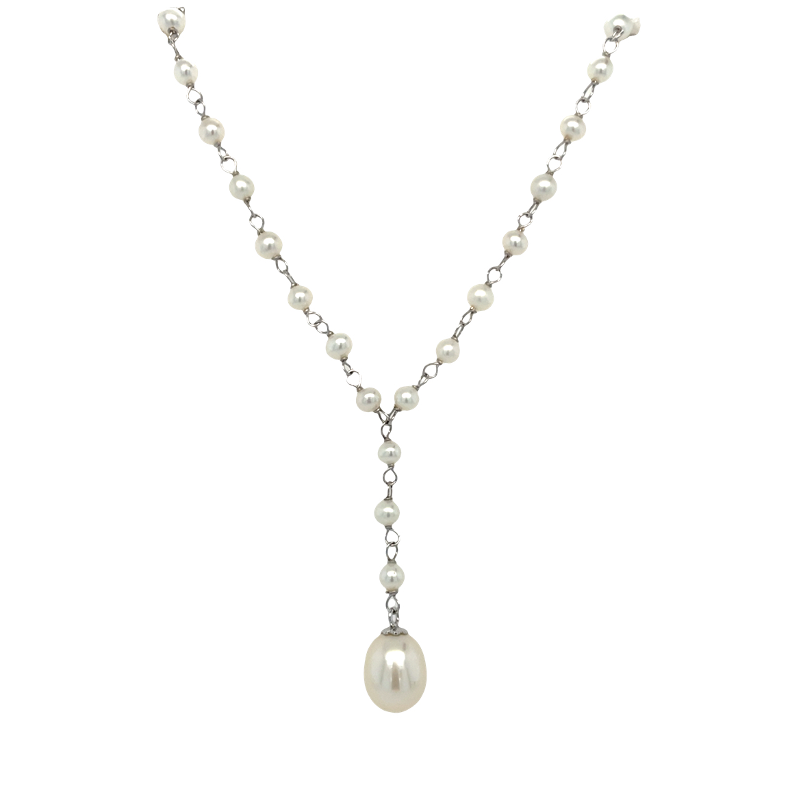Estate: White Gold Pearl Station Necklace with Drop