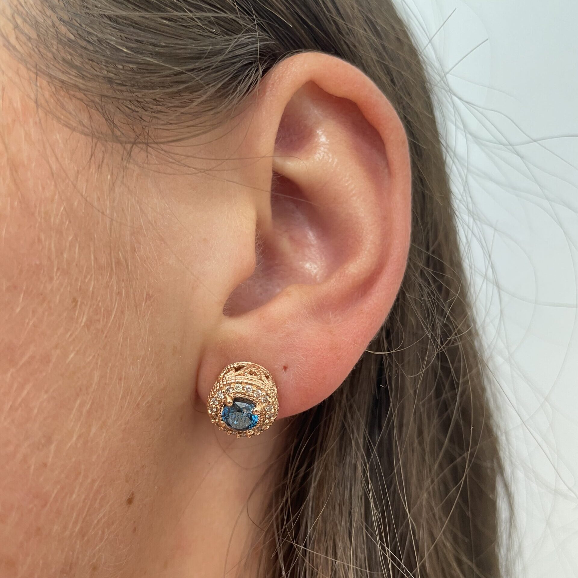 Estate: Rose Gold Treated Blue & White Diamond Earrings