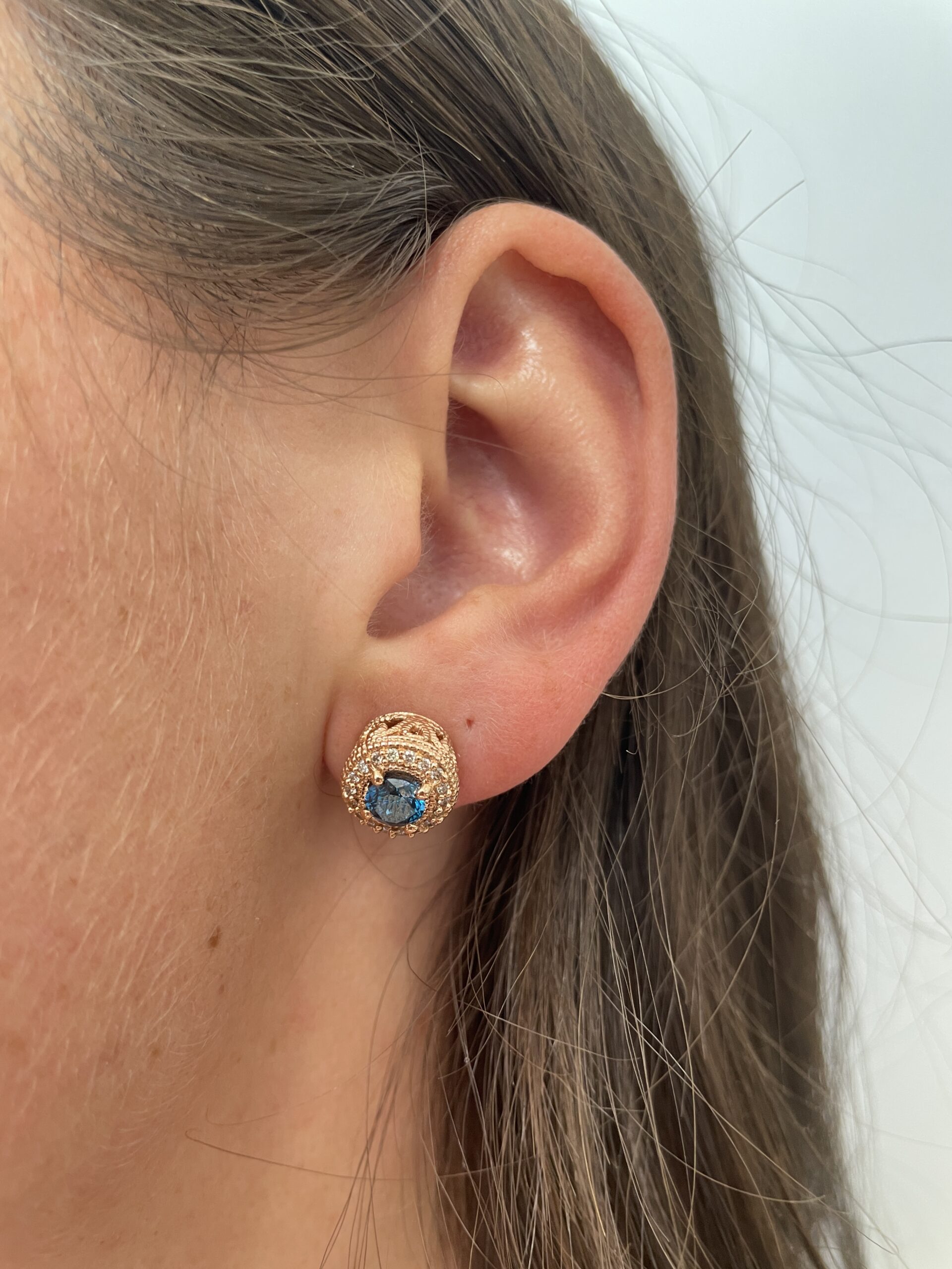 Estate: Rose Gold Treated Blue & White Diamond Earrings