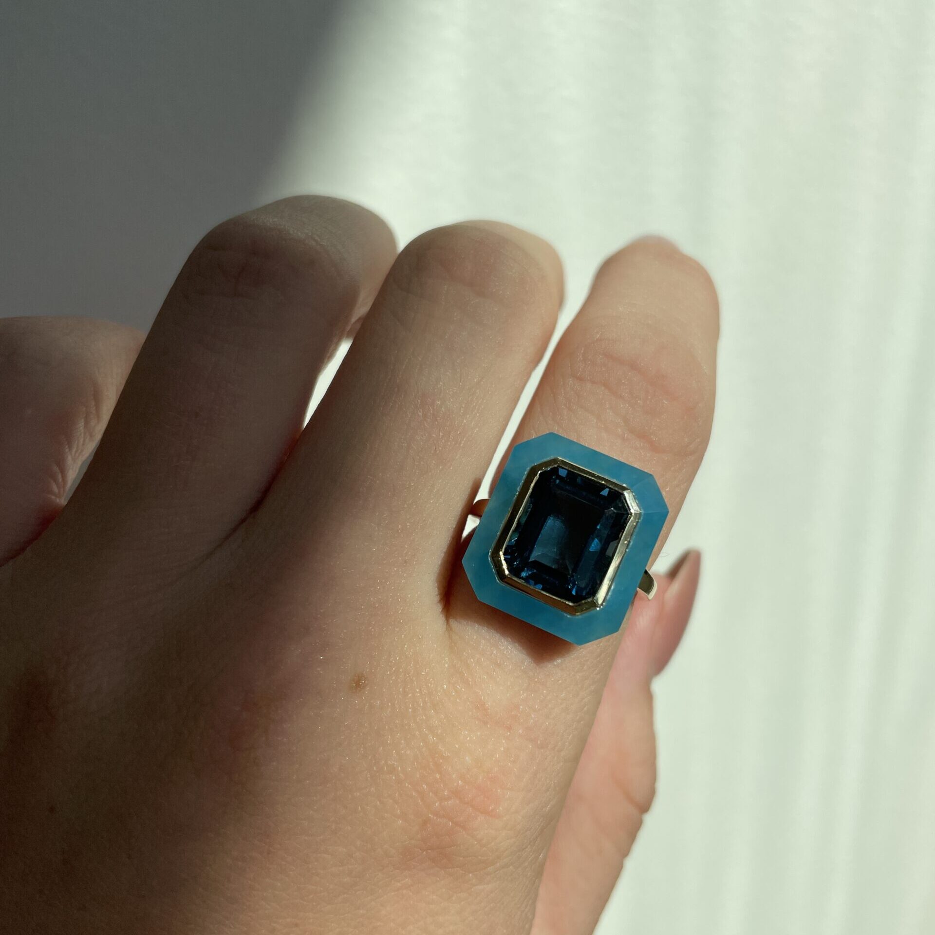Yellow Gold Ring with London Blue Topaz and Dyed Jade