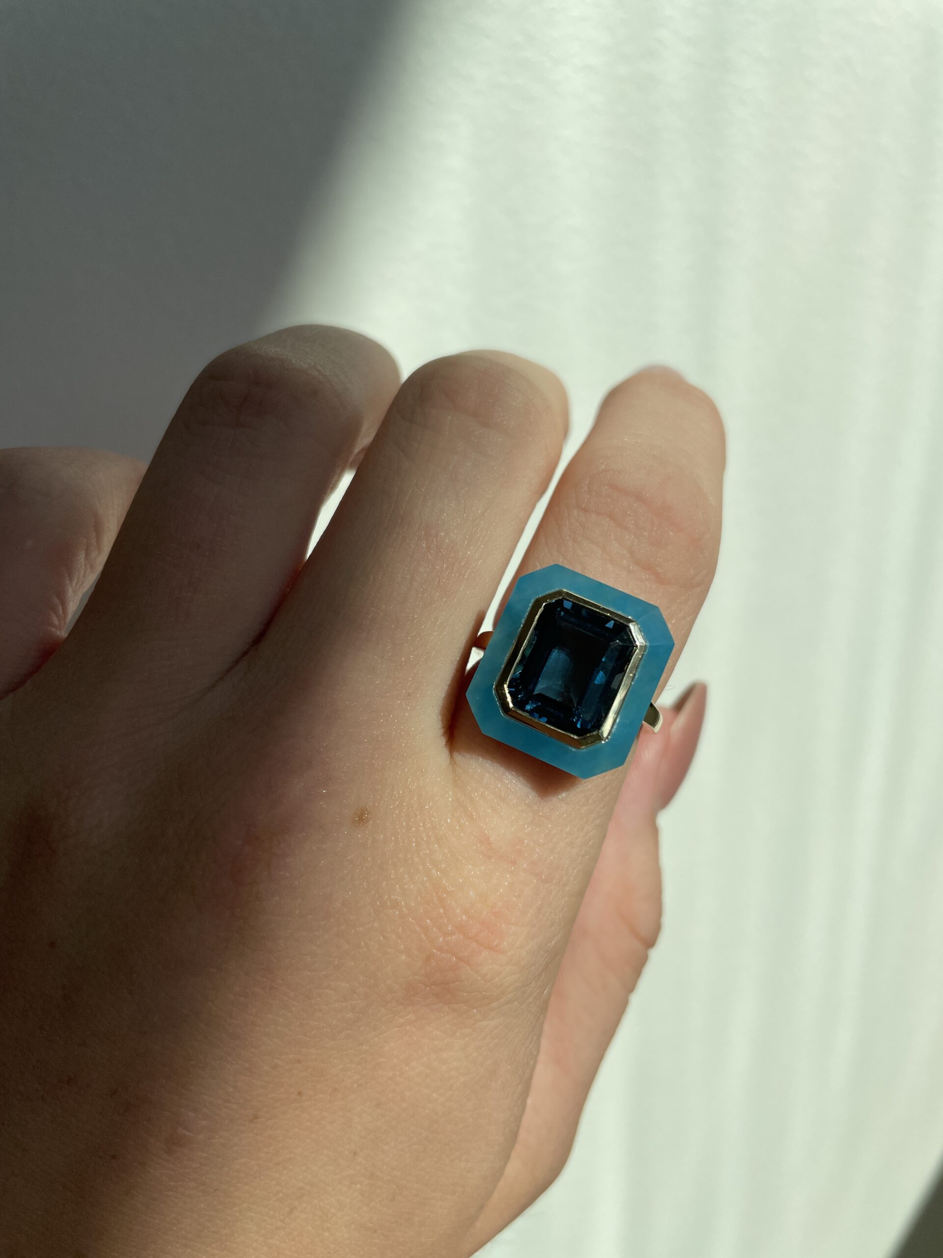 Yellow Gold Ring with London Blue Topaz and Dyed Jade