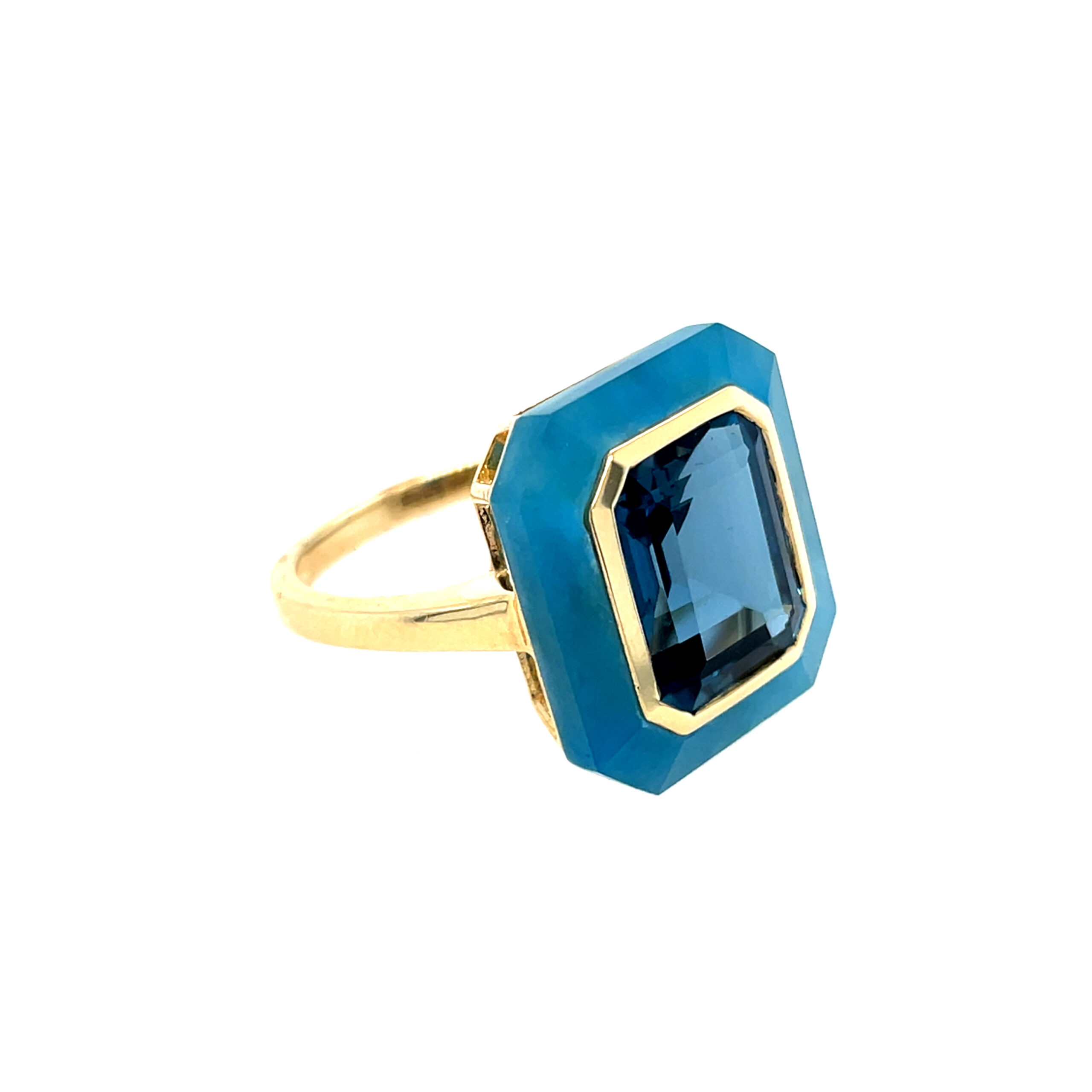 Yellow Gold Ring with London Blue Topaz and Dyed Jade