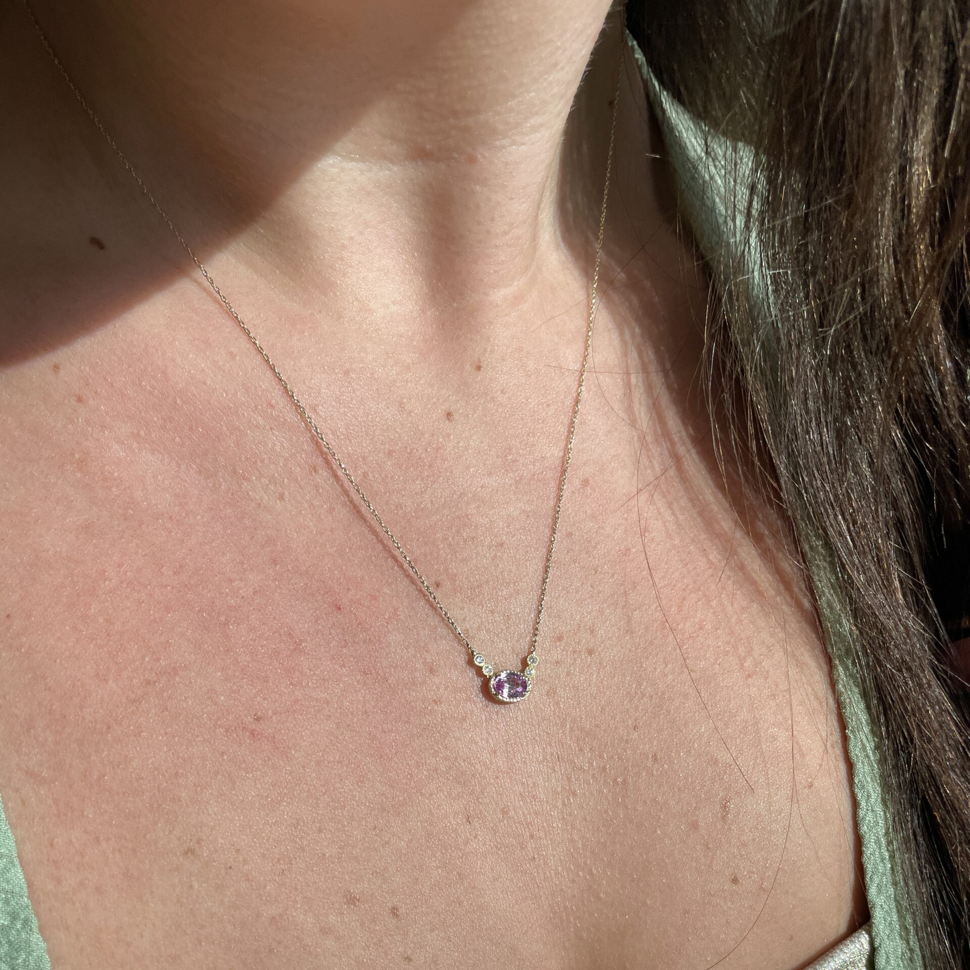 Yellow Gold Pink Sapphire and Diamond Necklace