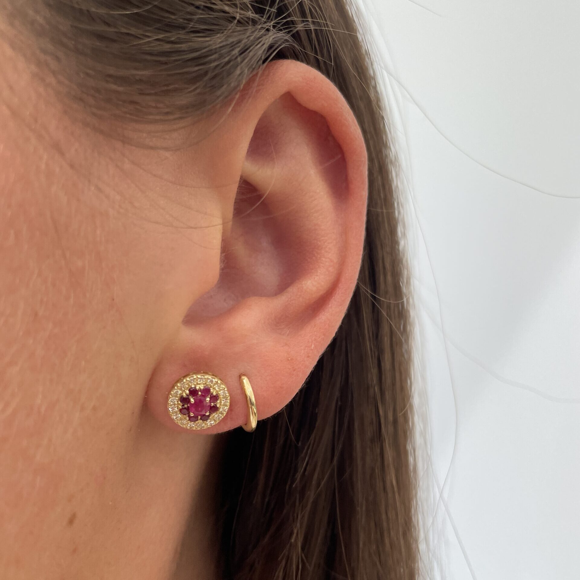 Yellow Gold Ruby Earrings with Diamond Halos