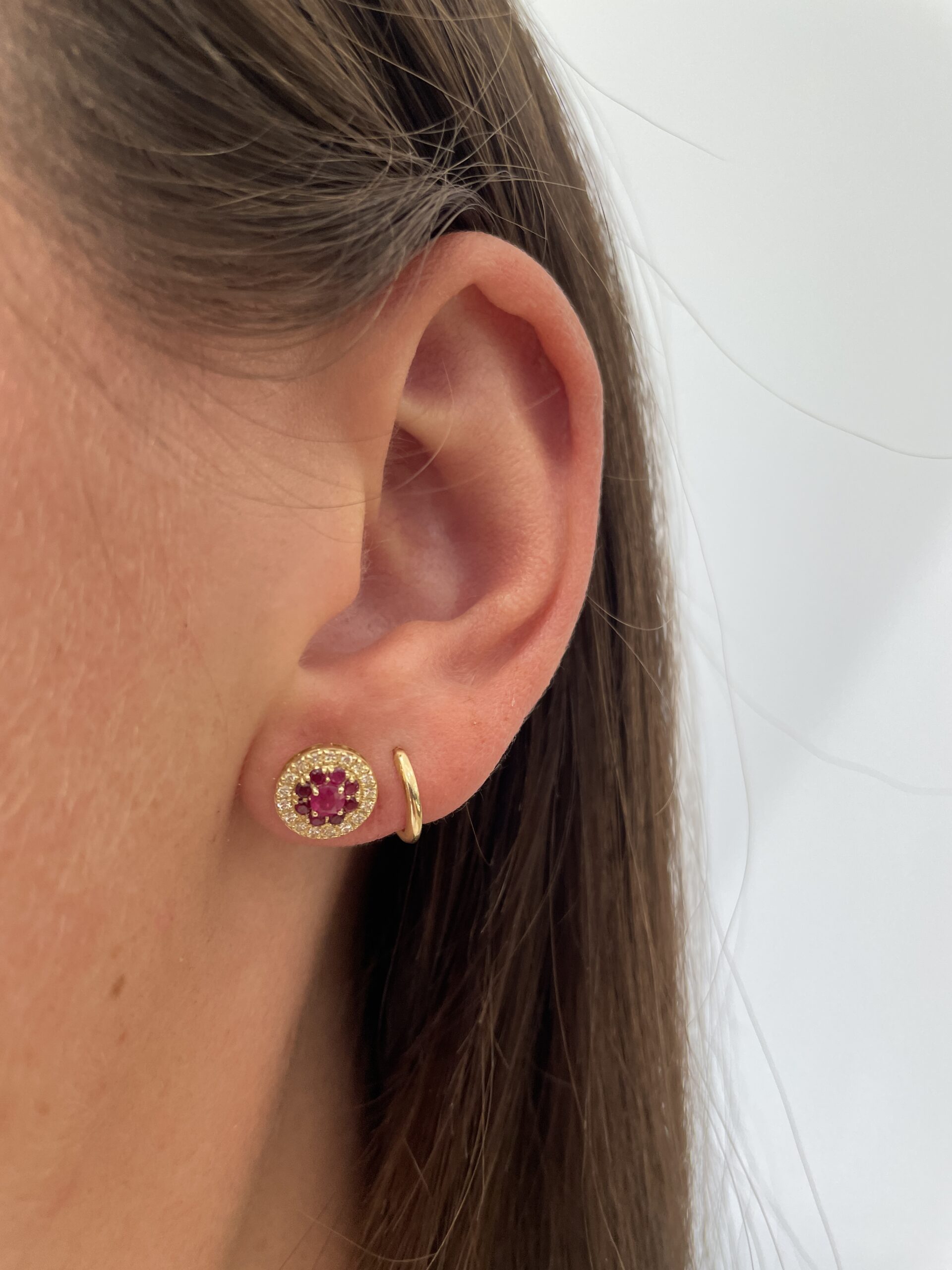Yellow Gold Ruby Earrings with Diamond Halos