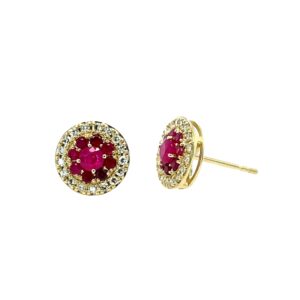 Yellow Gold Ruby Earrings with Diamond Halos