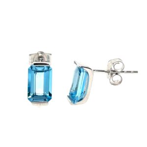 White Gold Emerald-Cut Blue Topaz Earrings