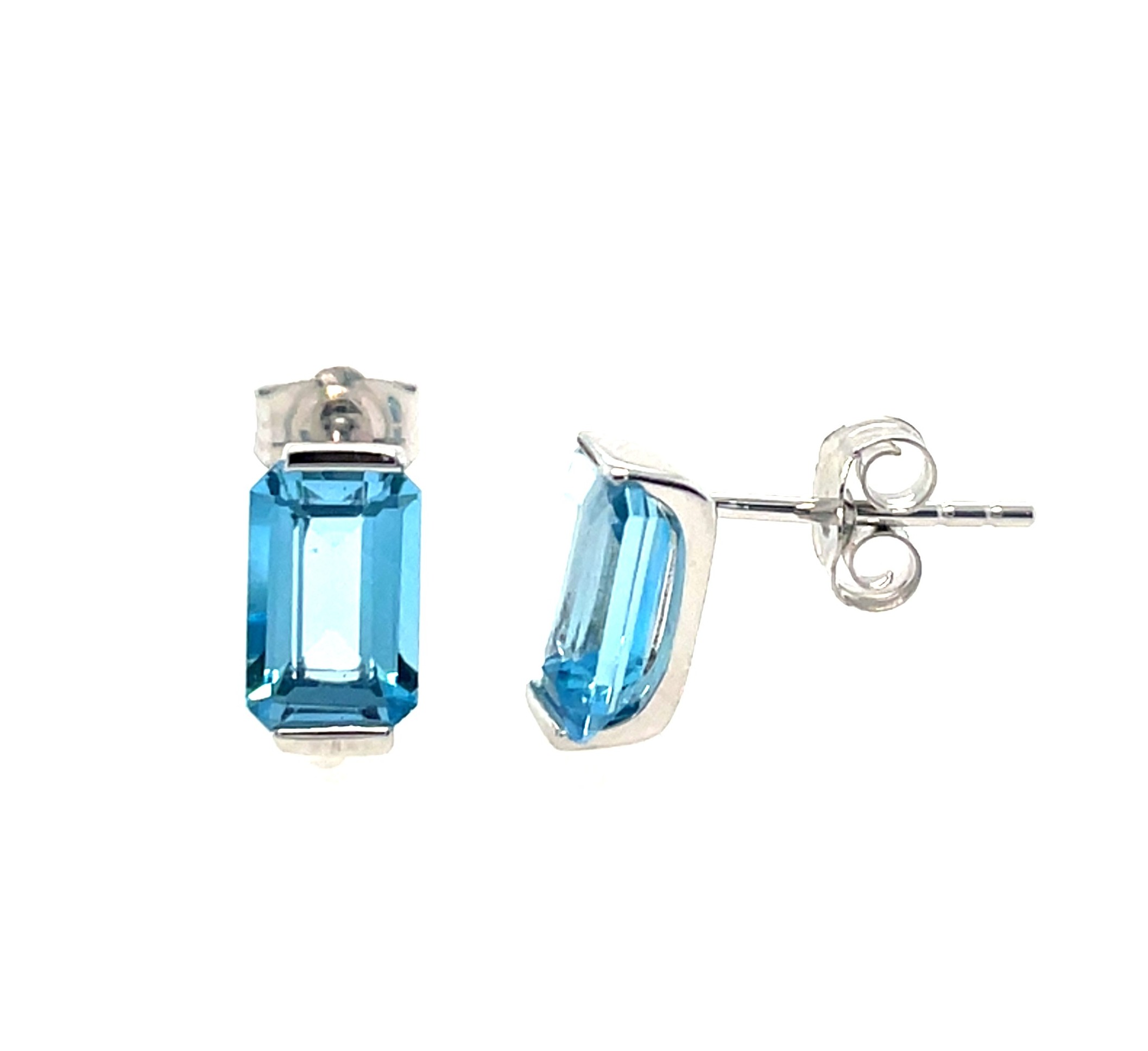 White Gold Emerald-Cut Blue Topaz Earrings