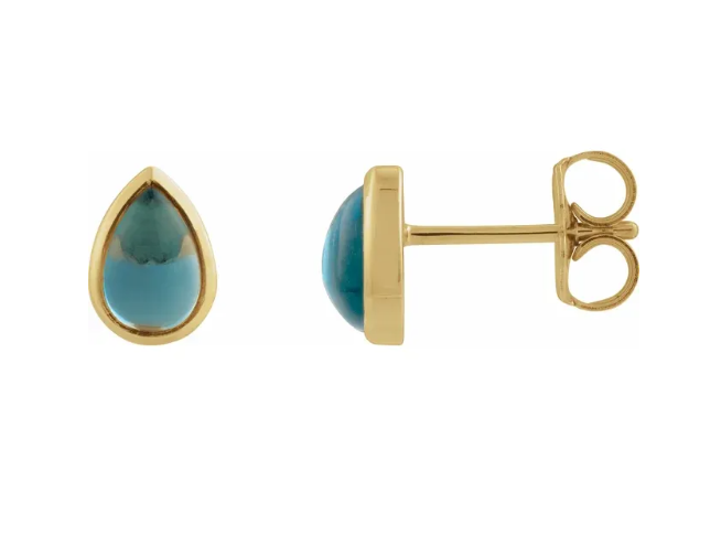 Yellow Gold London Blue Topaz Cabochon Earrings