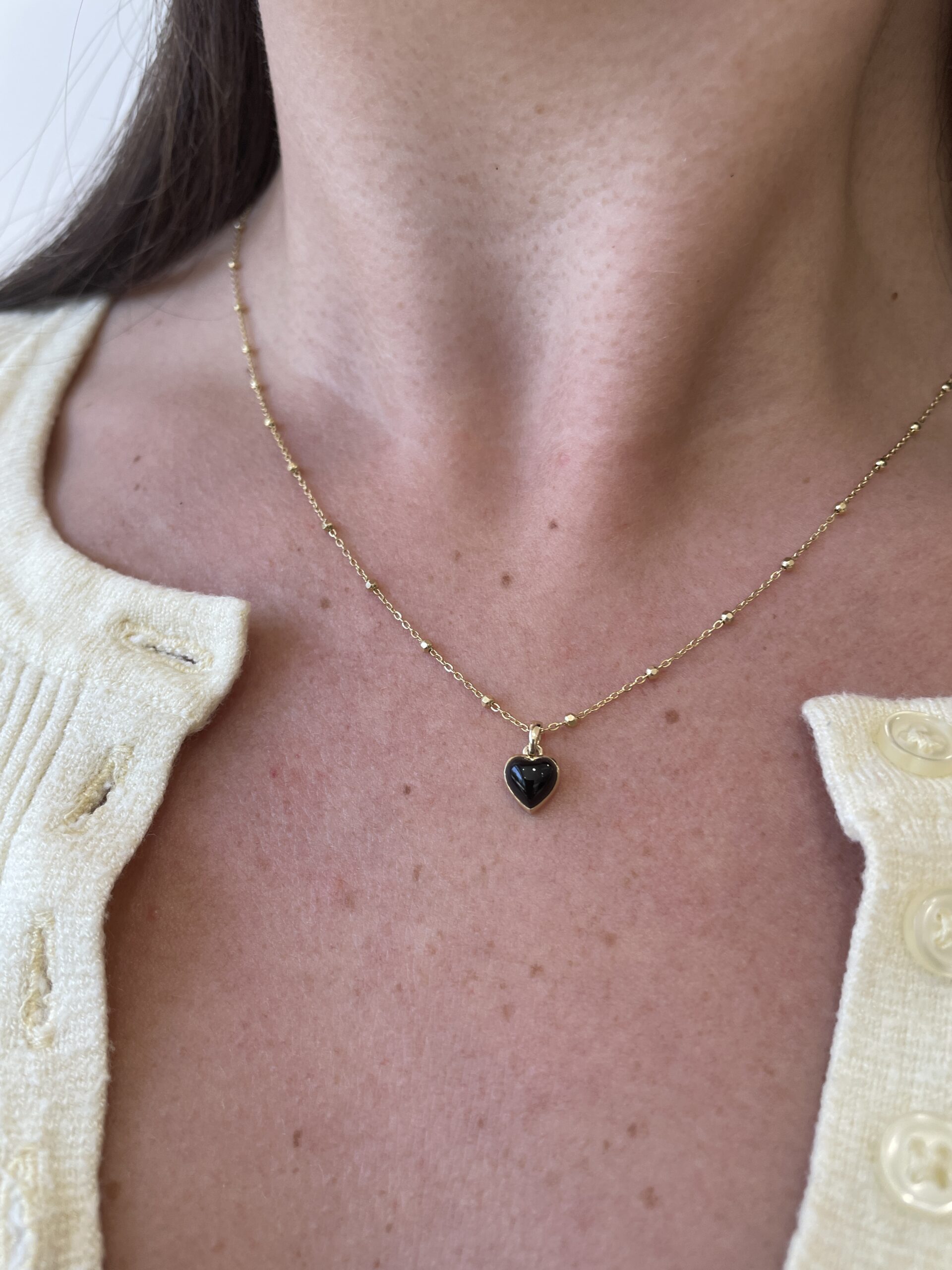 Yellow Gold Black Onyx Cabochon Heart Pendant Necklace