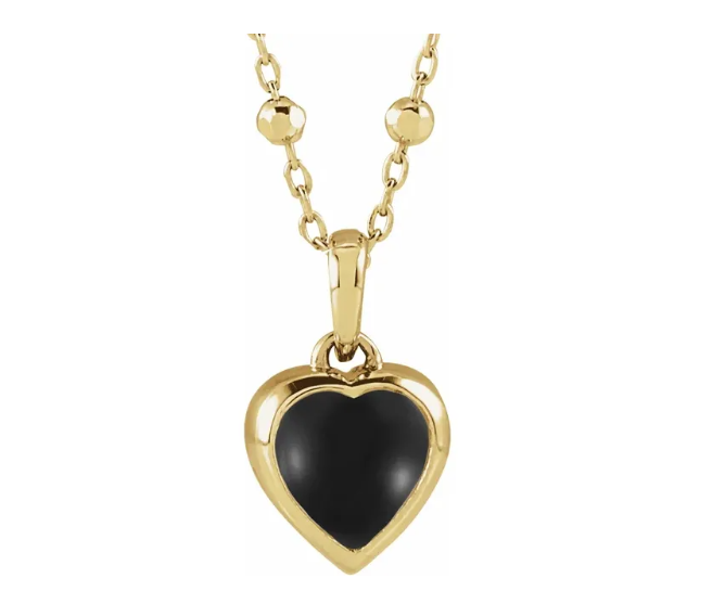Yellow Gold Black Onyx Cabochon Heart Pendant Necklace