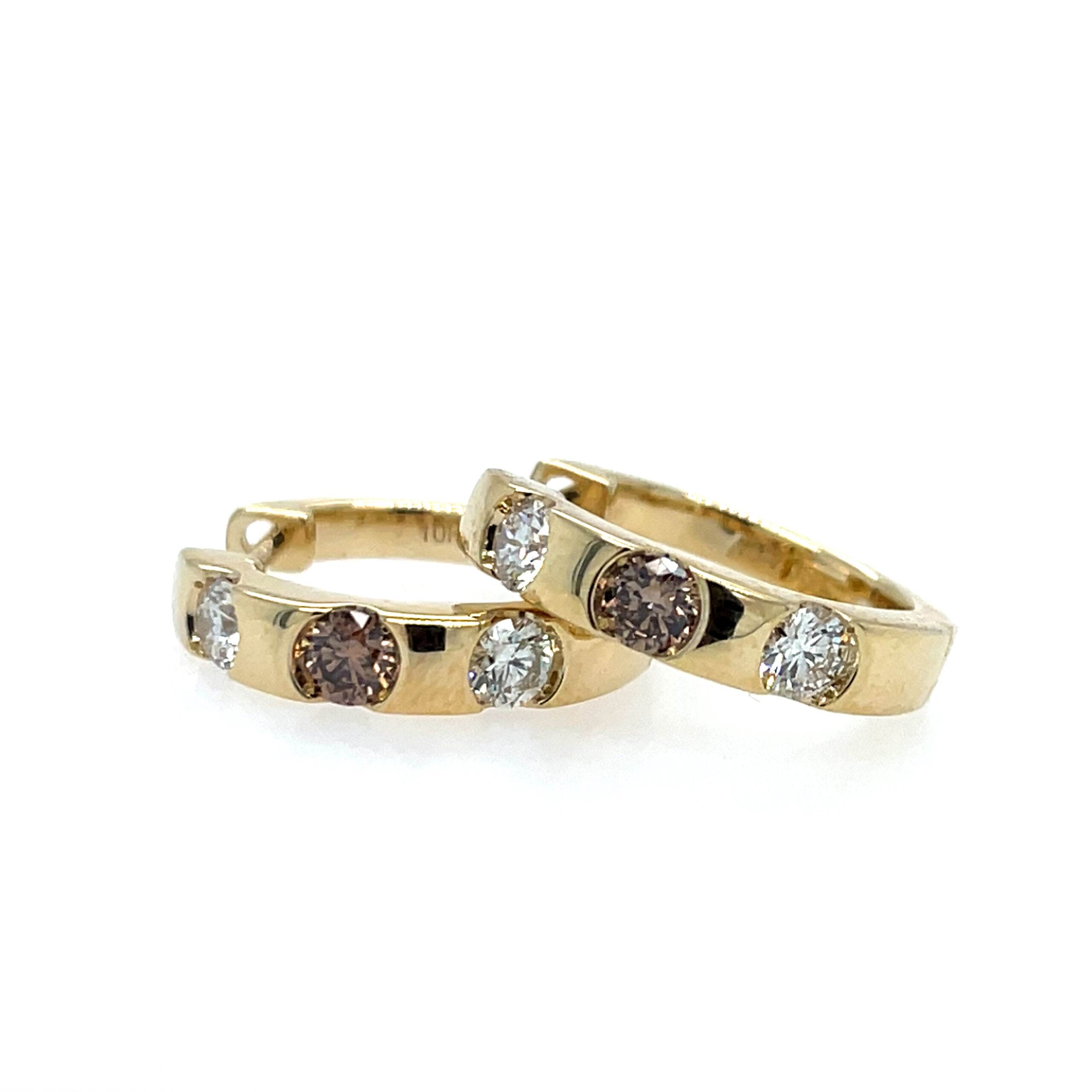 Yellow Gold White & Brown Diamond Hoop Earrings
