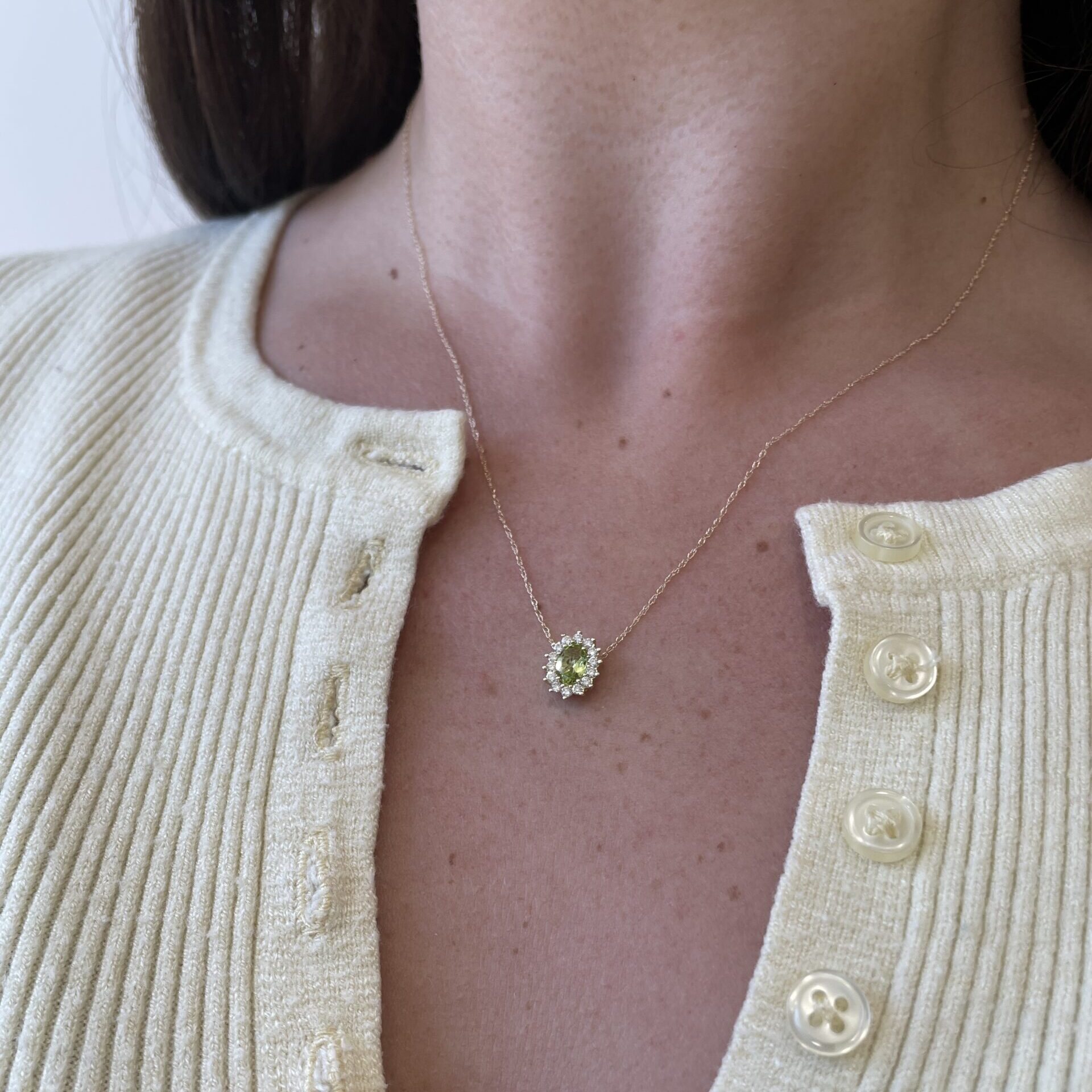 Yellow Gold Peridot Necklace with Diamond Halo