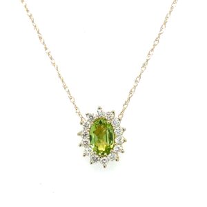 Yellow Gold Peridot Necklace with Diamond Halo
