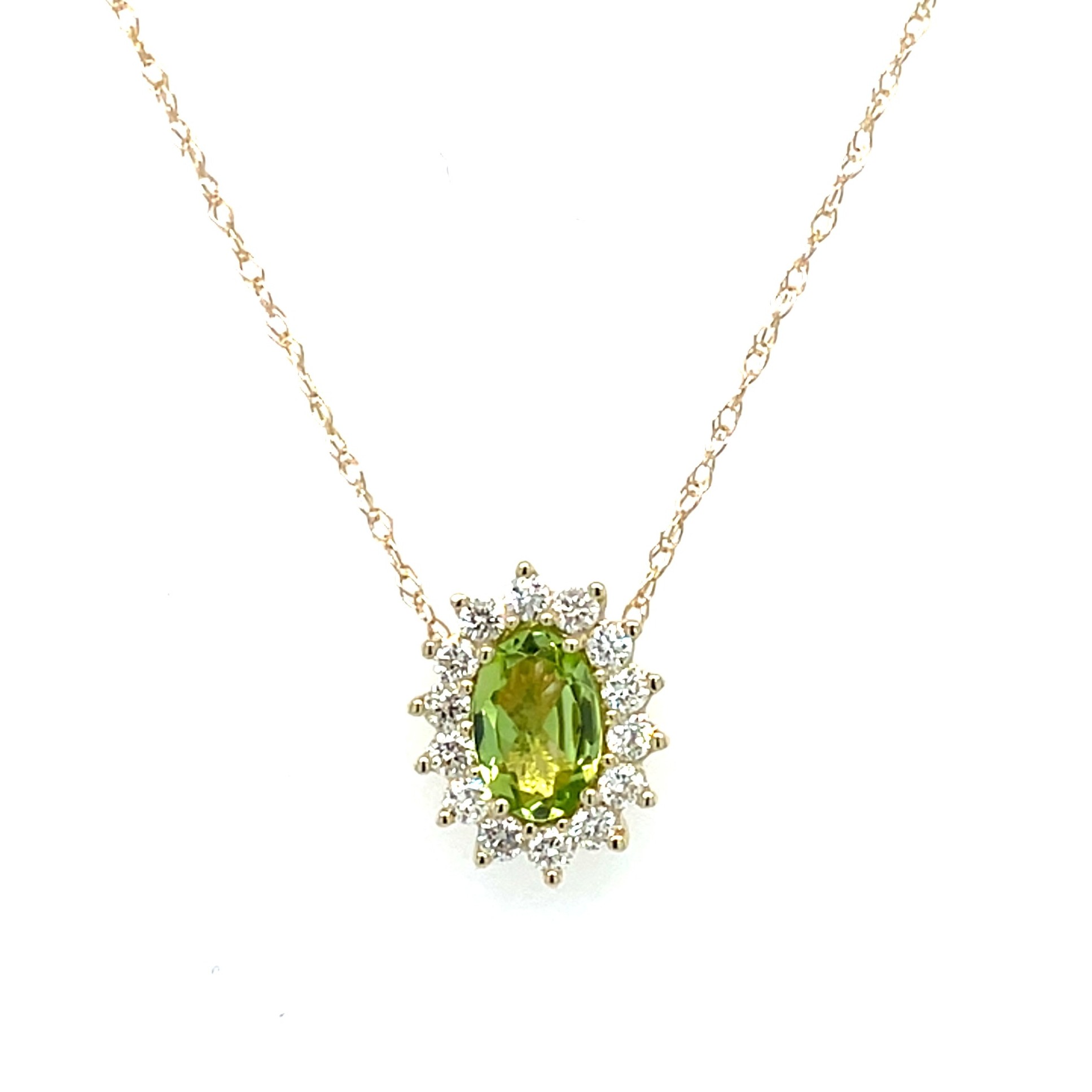 Yellow Gold Peridot Necklace with Diamond Halo