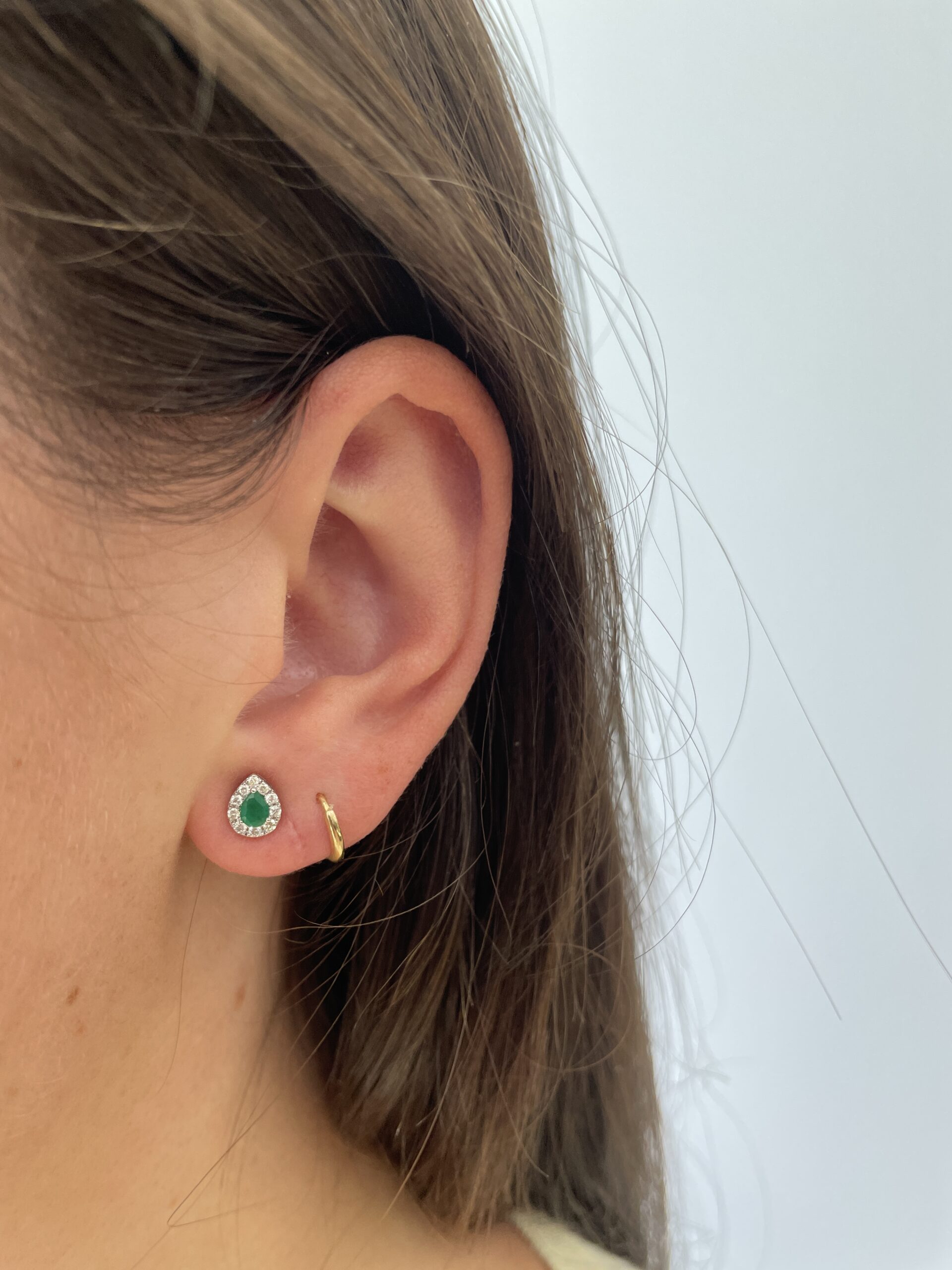 Yellow Gold Diamond Halo Emerald Stud Earrings
