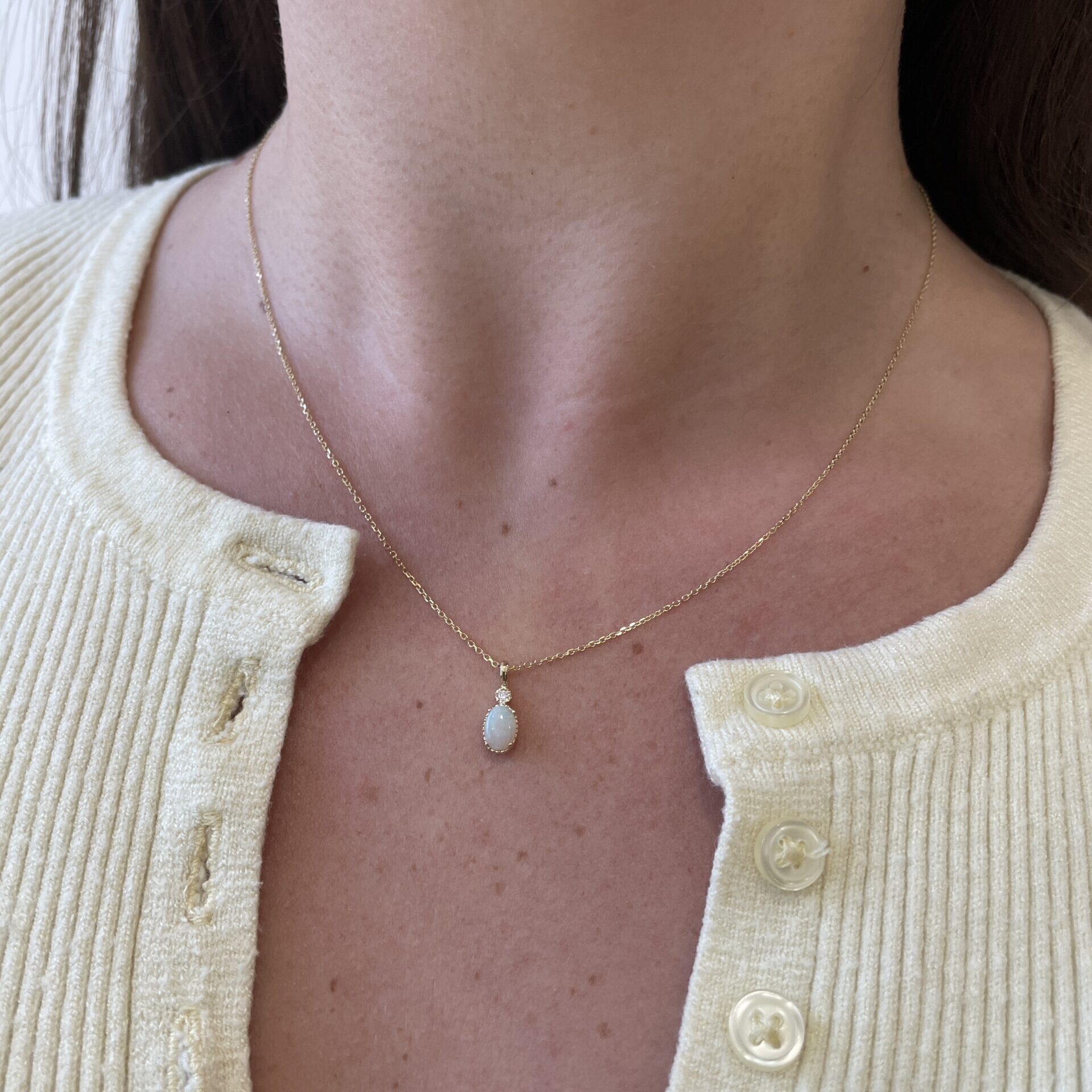 Yellow Gold Milgrain Detailed Opal Necklace with Diamond Accent