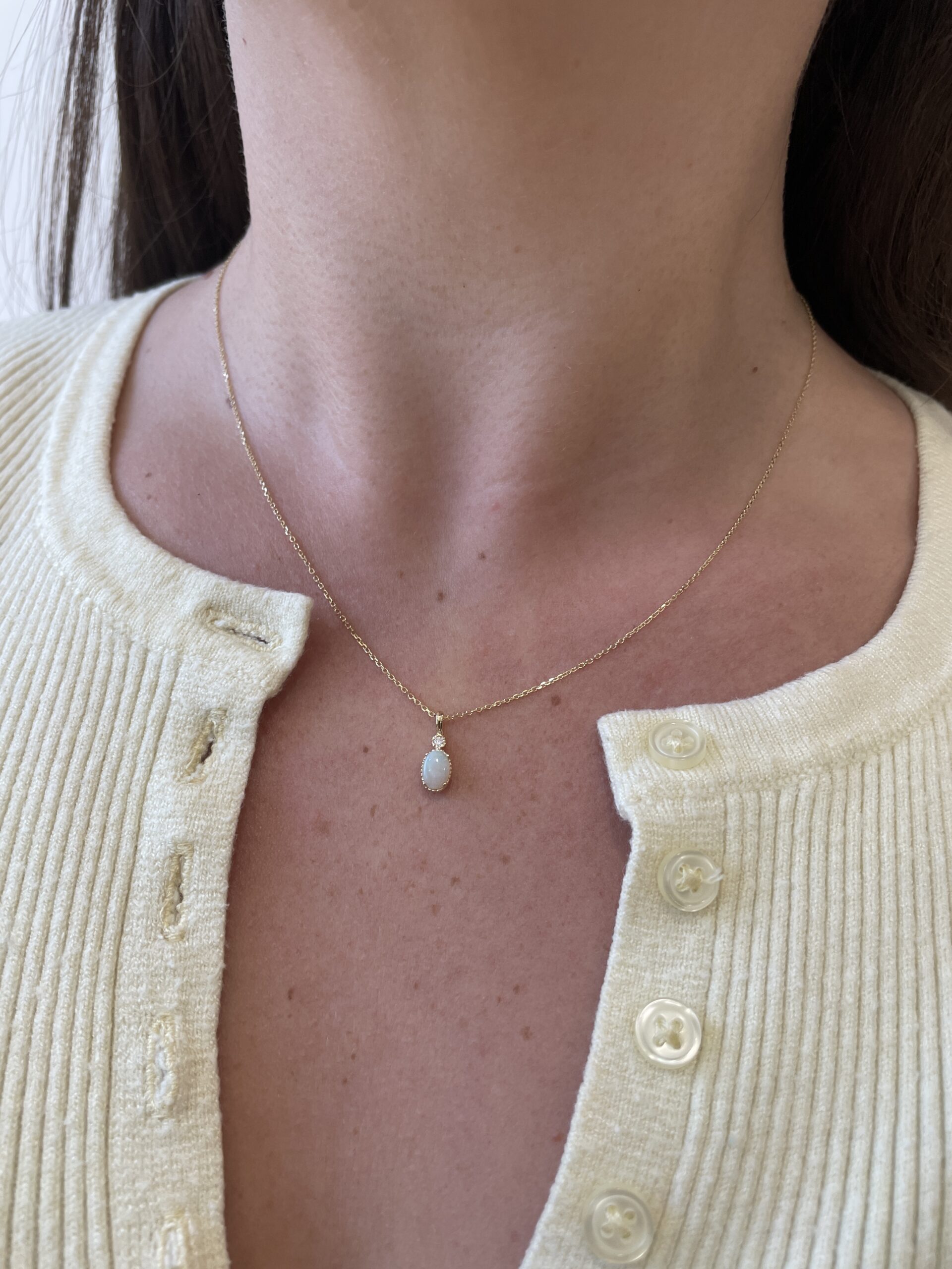 Yellow Gold Milgrain Detailed Opal Necklace with Diamond Accent