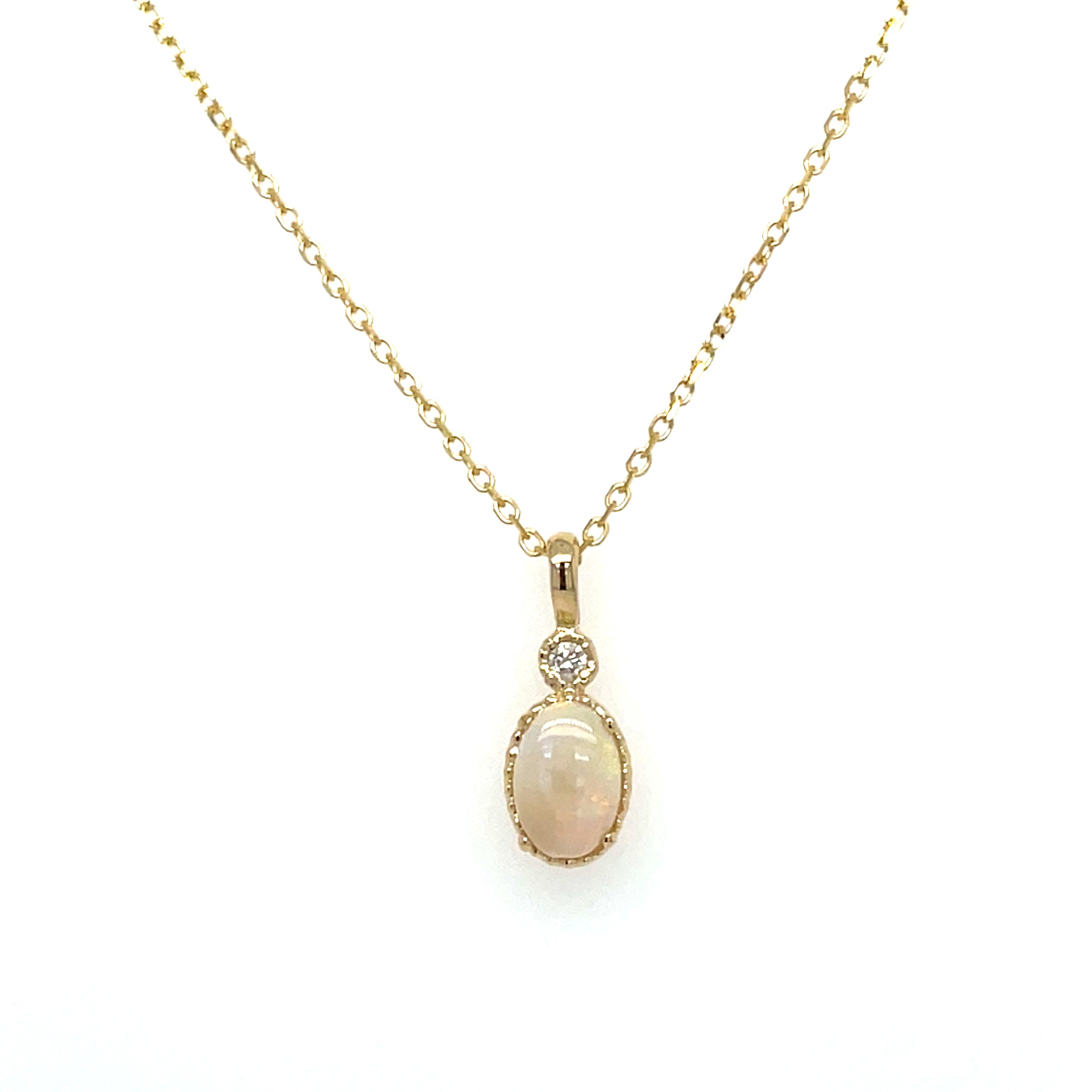 Yellow Gold Milgrain Detailed Opal Necklace with Diamond Accent