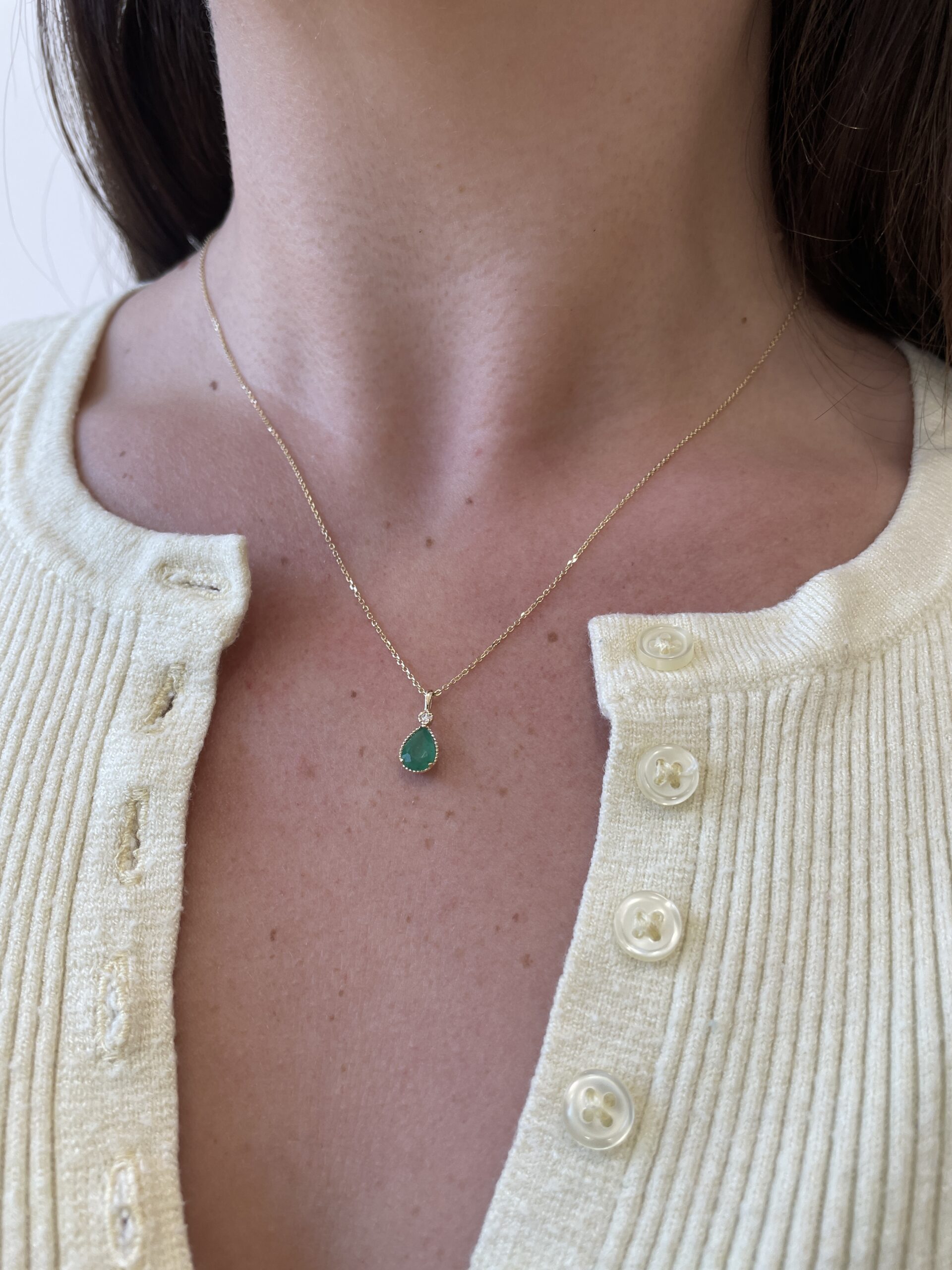 Yellow Gold Milgrain Detailed Emerald Necklace with Diamond Accent