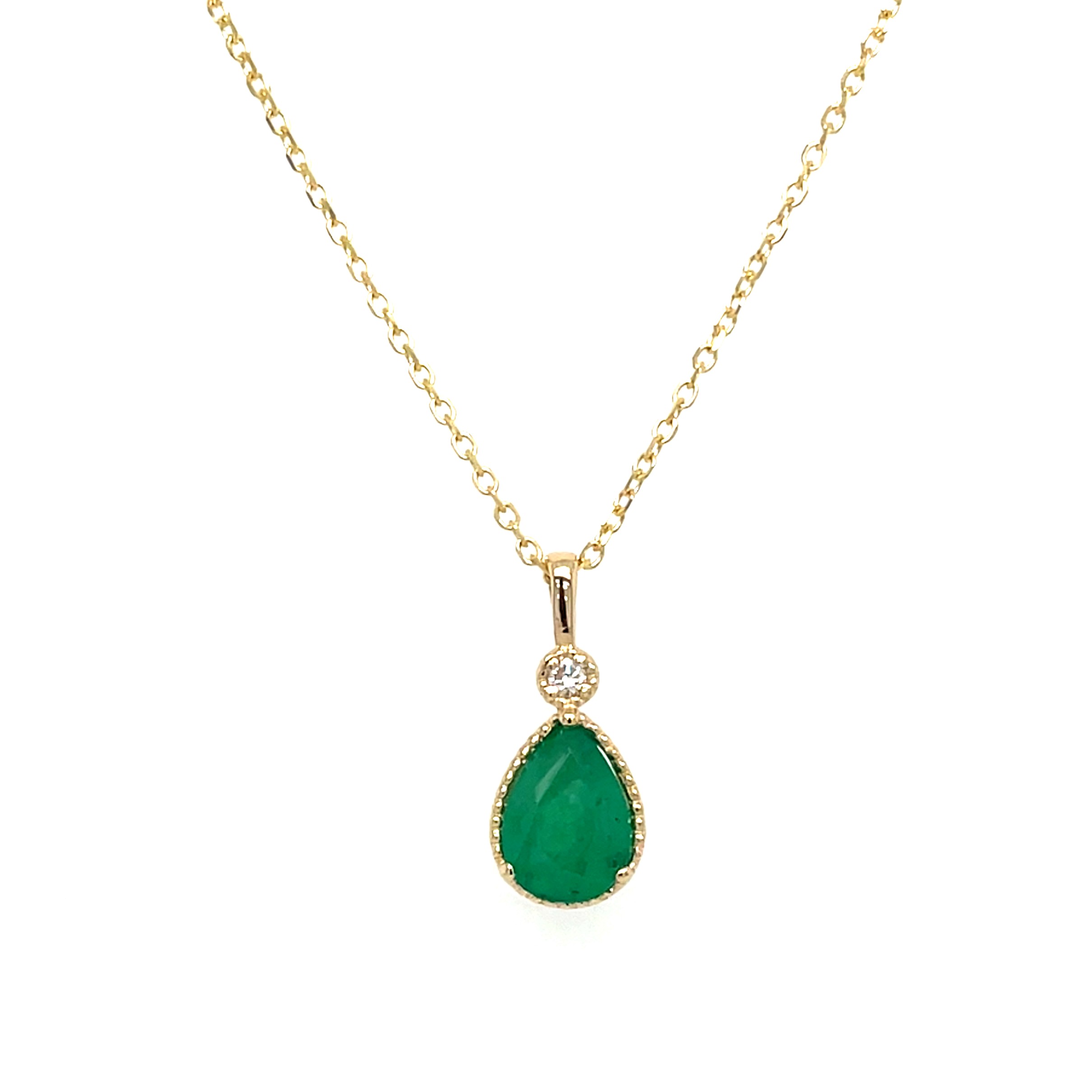 Yellow Gold Milgrain Detailed Emerald Necklace with Diamond Accent