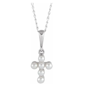 White Gold Seed Pearl Cross Necklace