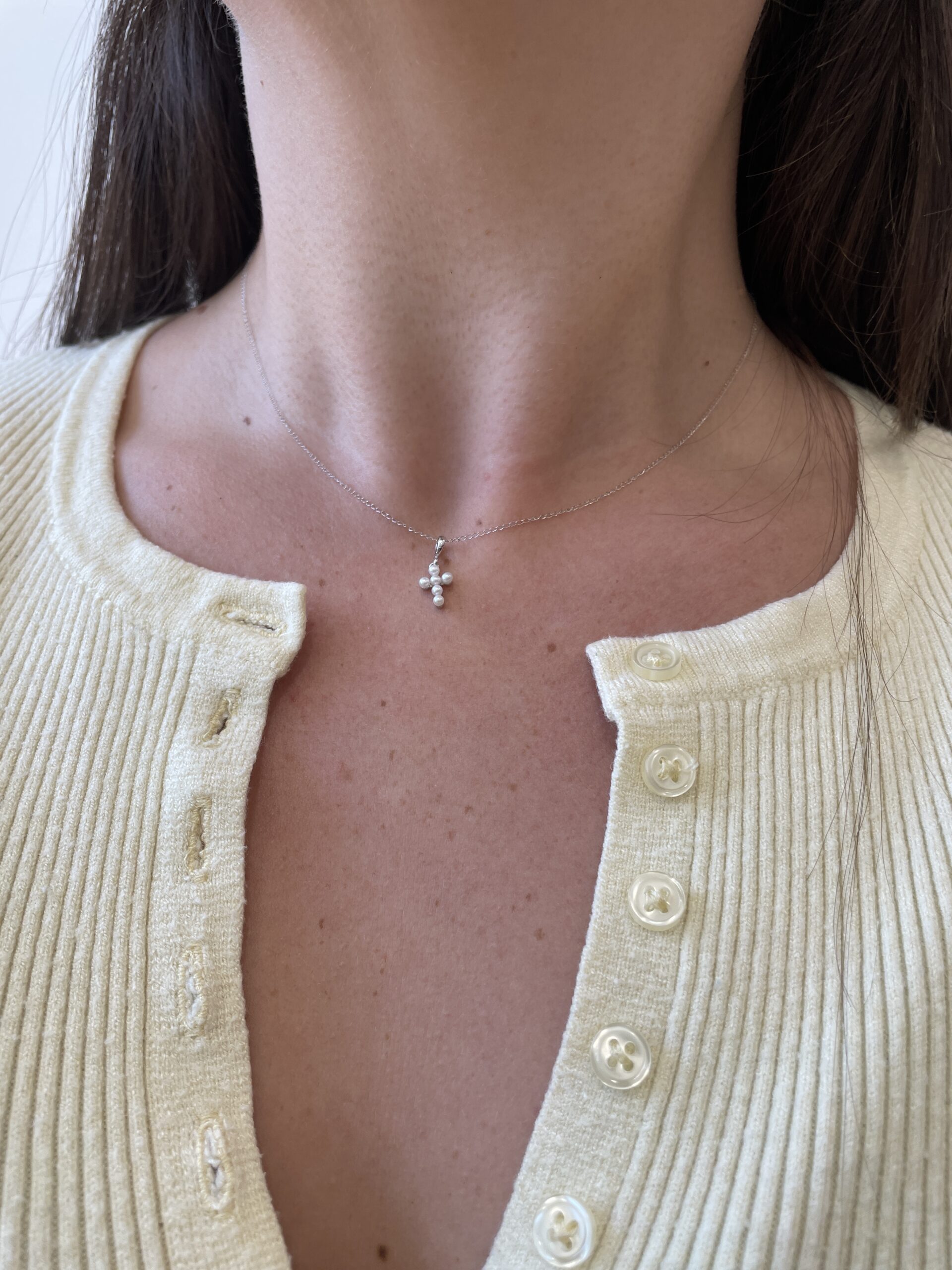 White Gold Seed Pearl Cross Necklace