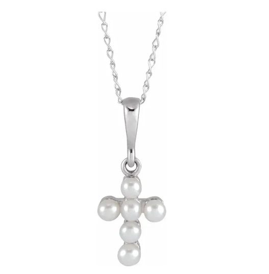 White Gold Seed Pearl Cross Necklace