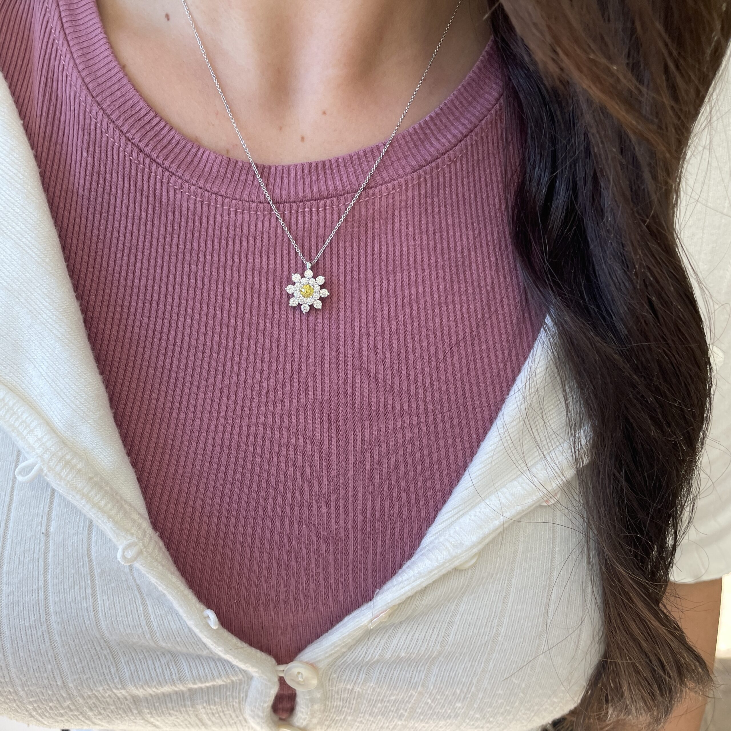 Estate: White Gold Necklace with White and Yellow Diamonds