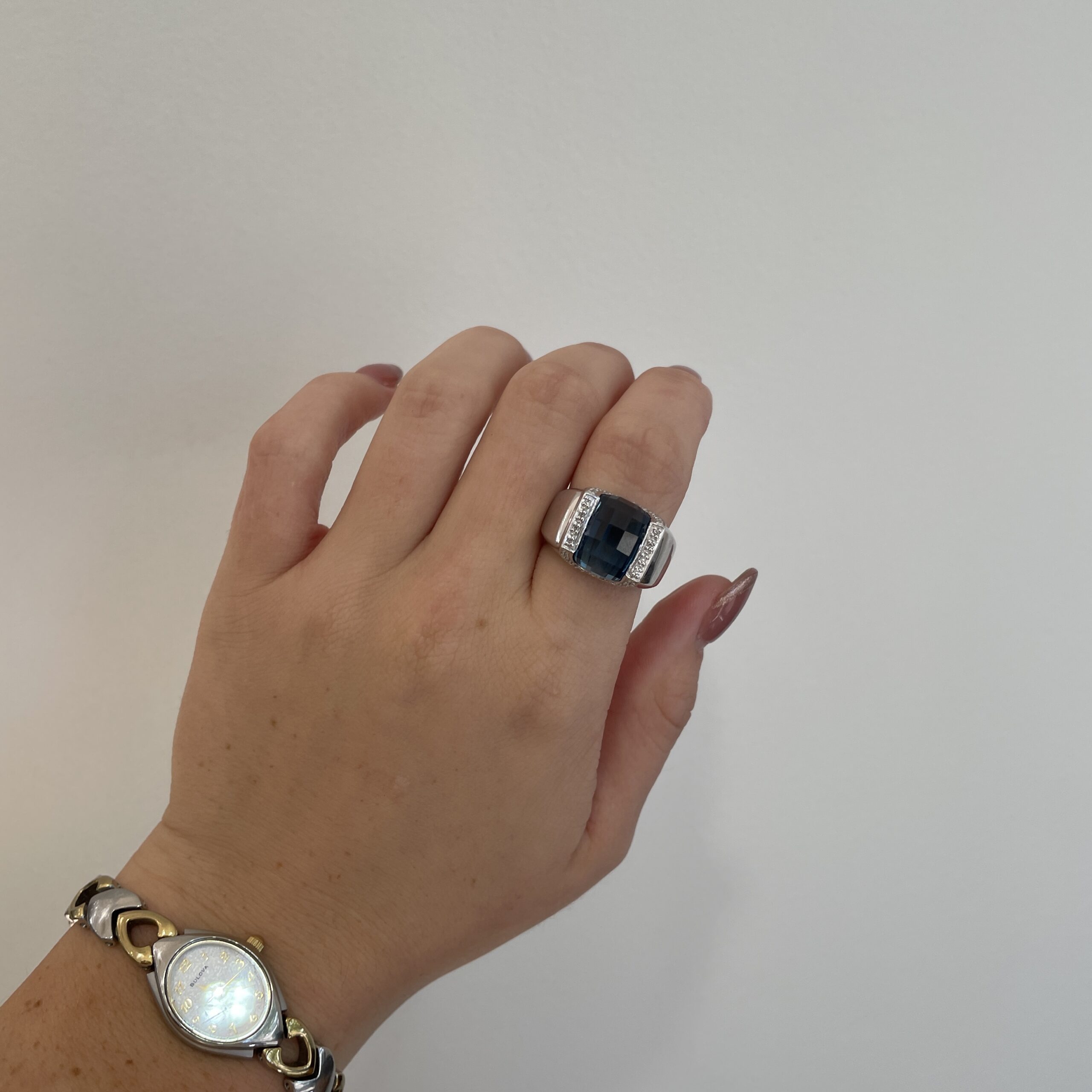 Estate: White Gold London Blue Topaz Ring with Diamonds